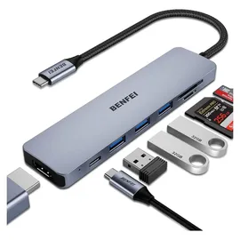 Benfei USB C HUB 7in1,USB-C HUB Multiport Adapter mit HDMI(4K@60Hz Zertifiziert)/100W Power Delivery/3*USB 3.0 5Gbps/SD/TF Card Reader(160MB/s) für iPhone 15 Pro/Max MacBook iPad Pro iMac S23 XPS17