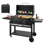 Grillwagen XXL Holzkohlegrill mit Deckel, BBQ Smoker Grill Rädern, Edelstahl-Griff, Grillrost und Thermometer, Standgrill, Kohlegrillwagen 154.5 x 89 x 122 cm