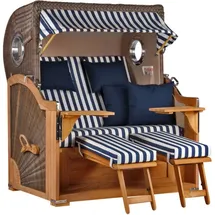 Mr. Deko MR. DEKO® Strandkorb Baltikum 2,5-Sitzer Teak | PE Geflecht Grey | Volllieger Strandkörbe aus Teakholz mit 2 Bullaugen & Fußablagen | Polster mit 4 Kissen | Strandstuhl (Dessin 518)