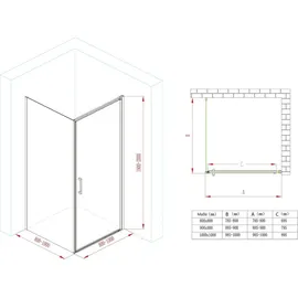 doporro Ravenna36k Eckdusche mit Pendeltür 90 x 80 cm silber Klarglas inkl. Duschtasse