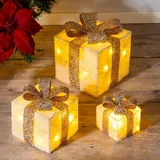 Spetebo LED Dekoobjekt LED Geschenkboxen mit Timer 3er Set - creme, Timerfunktion, LED fest verbaut, warm weiß, Weihnachts Deko Boxen warm weiß beleuchtet beige