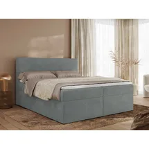 MKS Meble Boxspringbett, Polsterbett JAGUAR mit Multipocket-Matratze, struktur dekostoff, zwei Bettkästen und Topper - 180 x 200 cm - H4 - Grau - Grau