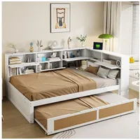 HAUSS SPOLE Schlafsofa 140x200 mit Ausziehbett, vielen Staufächern und Ladeanschluss Weiß, Multifunktionales Holz-Schlafsofa 140x200 cm mit Ausziehbett, Stauraum & USB-Ladeanschluss – Ideal für Kinderzimmer & Gästezimmer – Modernes Design, ohne Matratze weiß