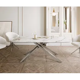 DeLife Esstisch Edge Boot 200x100 Keramik Calacatta Luxe Weiß-Gold-Grau Kreuzgestell Rechteck Edelstahl, Esstische