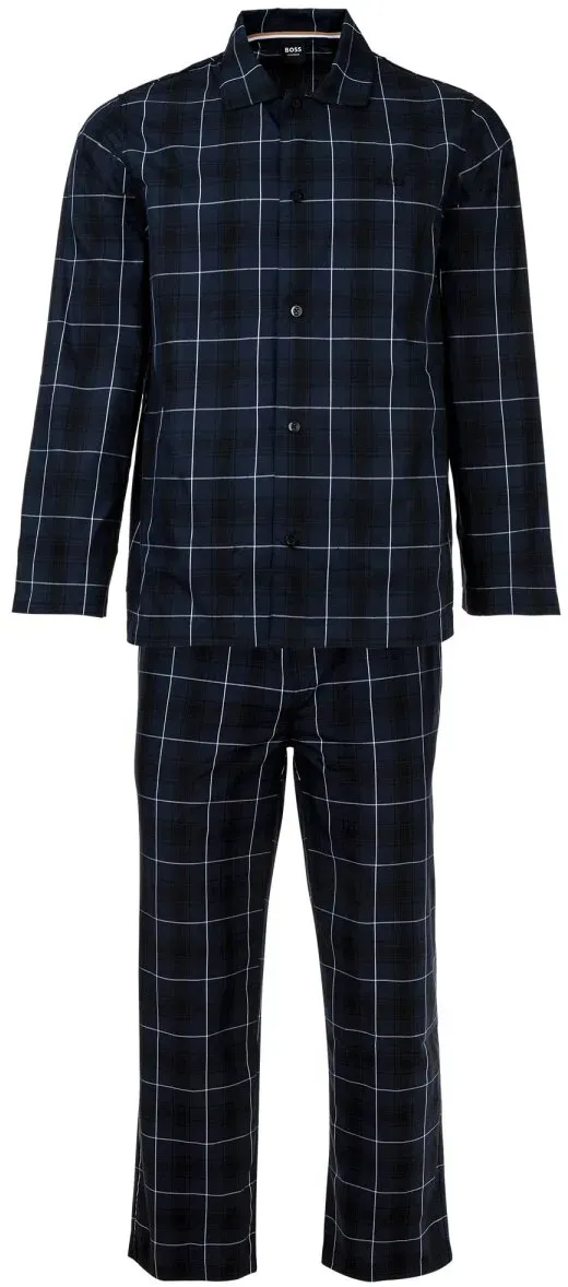 BOSS Herren Schlafanzug, lang - Urban Pyjama, Revers, Popeline, Karo Blau 2XL