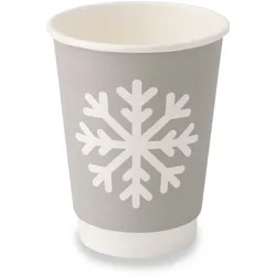 BIOZOYG 250 Stück Trinkbecher Einwegbecher, Pappbecher, 300ml / 12oz, Winterdesign mit Schneeflocken, doppelwandig für heiße Getränke, kompostierbar