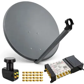 PremiumX Satelliten-Komplettanlage 80cm Satellitenschüssel Multischalter 5-8 Multiswitch Quattro LNB 24x Stecker SAT 8 Teilnehmer