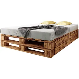 sunnypillow Palettenbett M2 aus Holz 200 x 200 cm mit Lattenrost und 2 Bettkästen. Doppelbett, Familienbett - erhöhtes Ehebett Bettgestell Futonbett KomforthöheGeflammt Massivholzbett