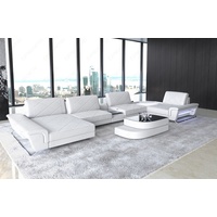 Sofa Dreams Wohnlandschaft Ferrara, U Form Ledersofa mit LED, verstellbare Rückenlehnen, Multifunktionsconsole, Designersofa weiß