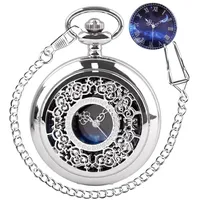 Tiong Vintage Taschenuhr Hollow Blue Star Design Römische Ziffern Pocket Quartz Uhren mit Kette Weihnachten Geburtstag