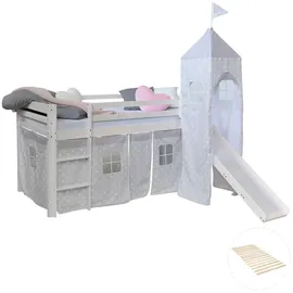 Homestyle4u Hochbett 90 x 200 cm Kiefer massiv weiß mit Vorhang Sterne grau