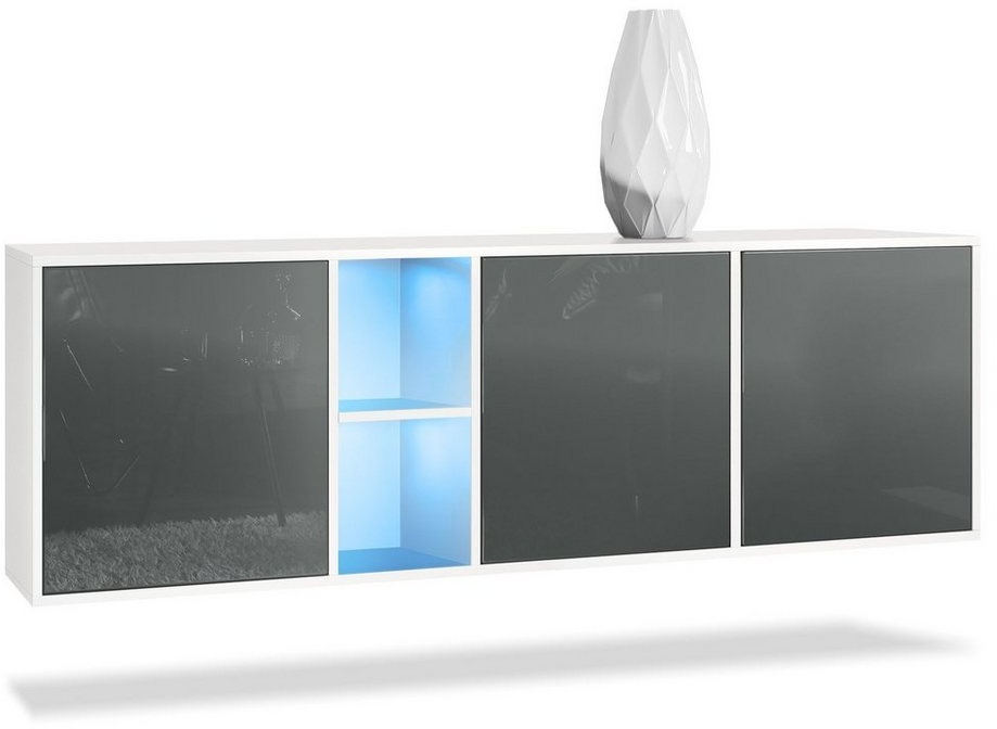 Vladon Sideboard Cuba (Kommode, mit 3 Türen und 2 offene Fächer), Weiß matt/Grau Hochglanz inkl. LED-Beleuchtung (182 x 53 x 35 cm) grau