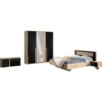 Gami Schlafzimmer-Set Curtys, (5-St., 1x Bett, 2x hängende Nachttische, 1x Kleiderschrank und 1x Lowboard) schwarz