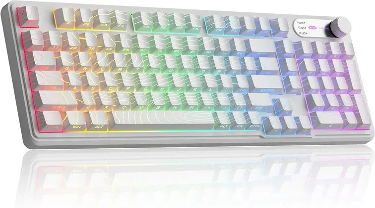 MageGee GK960 Kabellose Gaming-Tastatur, US QWERTY-Layout, RGB Tri-Mode (kabelgebunden/Bluetooth/2,4G), cremefarben, mit Ziffernblock, 4000 mAh Akku, Drehregler, seitlich aufgedruckte Tastenkappen, 19-Tasten-Rollover für Windows/Mac (Weiß, Topografisches Design)