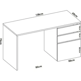 Dmora Schreibtisch Dgabbi, Mehrzweckschreibtisch für Büro oder Schlafzimmer, linearer Arbeitstisch mit 2 Schubladen und 1 Tür, 139 x 60 x 75 cm, Weiß