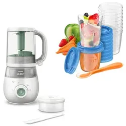 Philips Avent Babynahrungszubereiter 4-in-1 Dampfgarer und Mixer SCF885/01 in grün inkl. Aufbewahrungssystem für Babynahrung SCF721/20