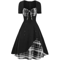 Lazzboy Cocktailkleid Frauen Kurzarm Plaid Panel Fliege Vintage Rockabilly Style A Line Kleid 1950er Retro V-Ausschnitt Faltenrock(Grau,L) - L