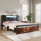 Rhein Beleuchtung Metallbett Doppelbett mit Eisenrahmen und Farbwechsellicht (140/160x200cm) (Flachbett, Eisenrahmenbett), mit 24-Tasten-Fernbedienung und USB-Buchse, schwarz + braun