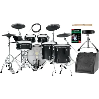 XDrum DD-670 PLUS Mesh E-Drum Kit Live Set - elektronisches Schlagzeug mit HiHat und Holzkesseln - 20" Kick-Pad - 720 Sounds - inklusive Hardware, Hocker, Monitor, Kabel und Sticks - Black Sparkle