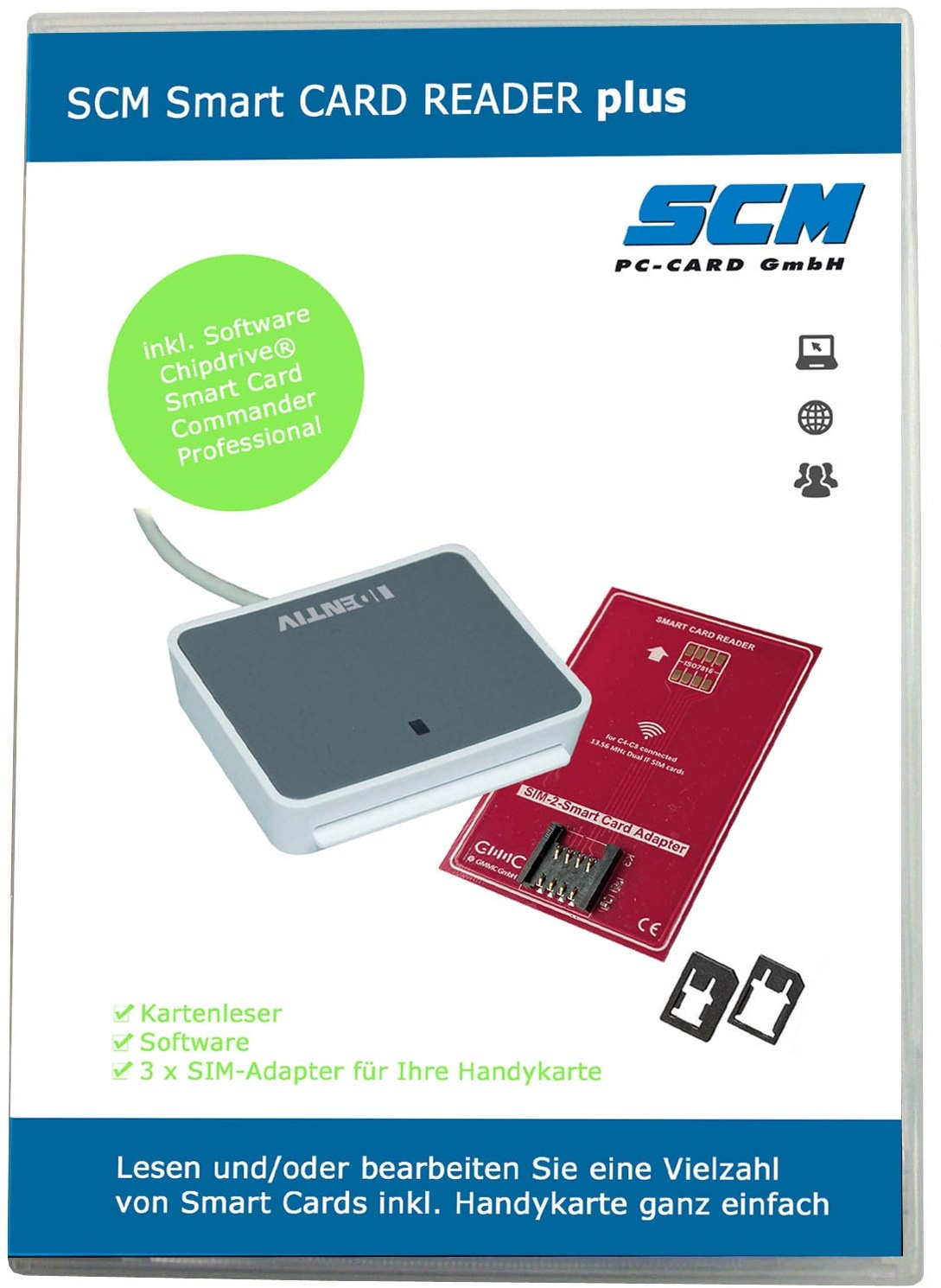 SCM Smart Card Reader Plus – uTrust 2700 R inklusive Software zum lesen der SIM Karte/SIM Leser inkl. Adpater Mini Micro Nano SIM