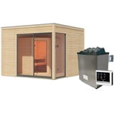 Woodfeeling Karibu Design Saunahaus Terning 1 mit Vorraum - 38 mm naturbelassen Set A (Sauna B 2 x T 1,7 m mit 2 Liegen 57 cm) 9 kW Ofen inkl. Steuergerät inkl. 8-teiligem gratis Zubehörpaket (Gesamtwert 191,92€)