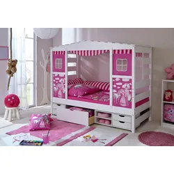 Kinderbett TICAA "Lio", weiß (kiefer massiv weiß gewachst), B:96,6cm, Betten, Hausbett, inkl. Schubkasten und Rollrost