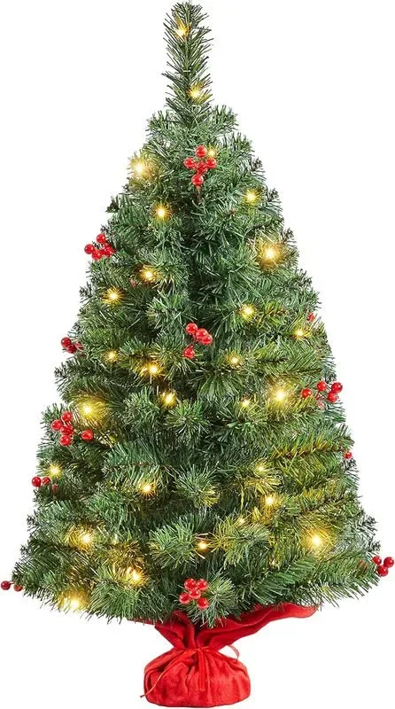 Yaheetech 3FT Tisch-Weihnachtsbaum mit 50 LED-Lichtern & stabiler Betonbasis rote Beeren festlich tragbarer Weihnachtsschmuck Grün