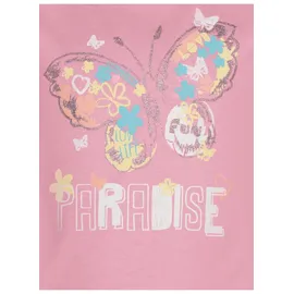 TRIGEMA T-Shirt "TRIGEMA T-Shirt mit buntem Schmetterling-Printmotiv", Mädchen, Gr. 104, lila (lilie), Single Jersey, 100% Baumwolle, Basic, Rundhals, Shirts T-Shirt