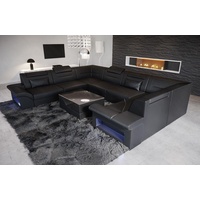 Sofa Dreams Wohnlandschaft Ledersofa Brianza U Form Leder Sofa, Couch, mit LED, wahlweise mit Bettfunktion als Schlafsofa, Designersofa schwarz