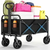GarveeMore Bollerwagen Faltbar 220L, Klappwagen Bis 172 kg Traglast, Faltbarer Outdoor Handwagen –Verstellbarem Teleskopgriff, Seitentasche, Transportwagen Für Garten, Camping, Einkaufen-Schwarz