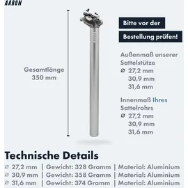 Aaron Post Sattelstütze - 27,2, 30,9 oder 31,6 mm - 350mm Länge - Silber - 30,9 mm
