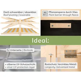 needs&wants® Sandkasten mit Abdeckung Dach Deckel Sitzbank und Boden, Sandkiste Holz quadratisch verschließbar UV-Sonnenschutz mit Bank Outdoor Garten für Kinder, 120x120 cm, Tanne gelb weiß braun