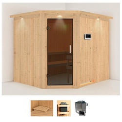 Karibu Sauna Marit, BxTxH: 245 x 210 x 202 cm, 68 mm, (Set) 9-kW-Ofen mit externer Steuerung beige