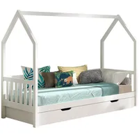 Vipack CABANE Hausbett 90x200 cm, seitlicher Umrandung, Bettschublade, Kiefer