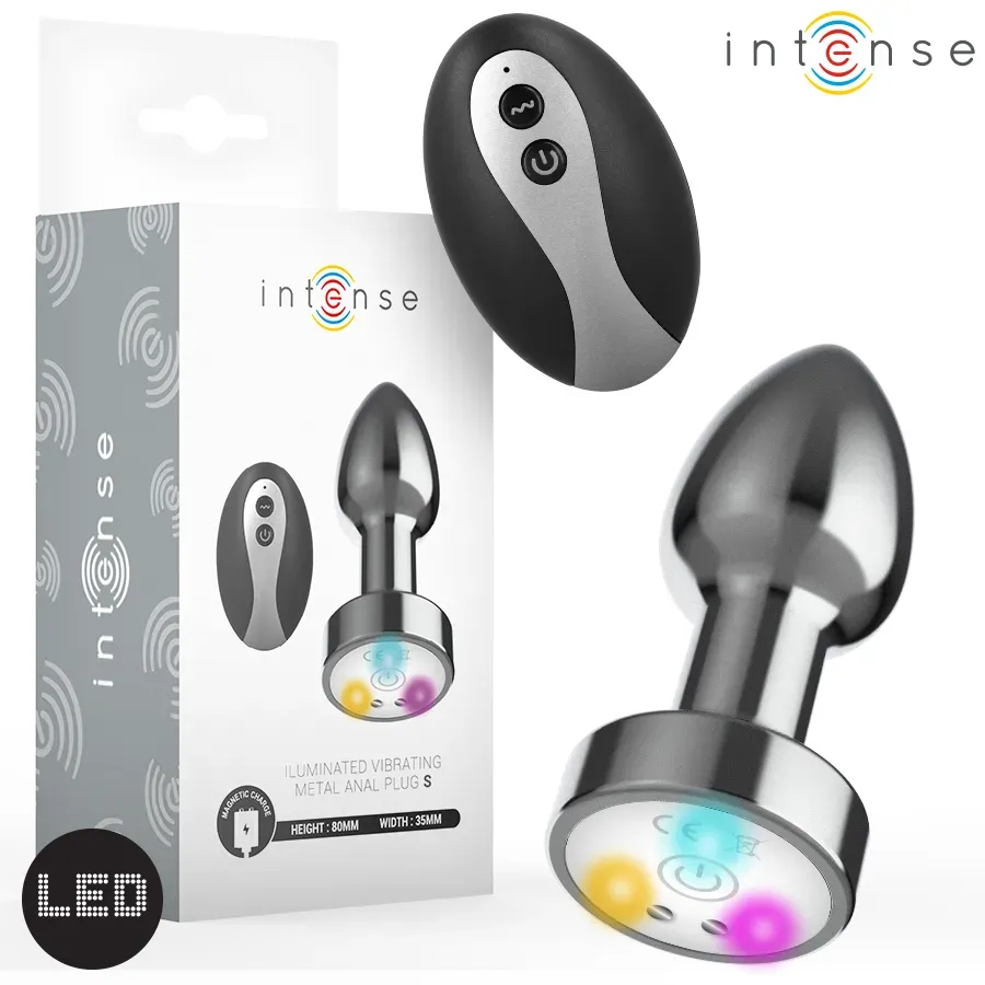 INTENSE - VIBRIERENDER ANALPLUG AUS METALL MIT LED-LEUCHTEN UND FERNBEDIENUNG - GRÖSSE S