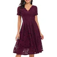 Graceyo Damen Spitzenkleid Abendkleid Hohe Taille Kurzarm V-Ausschnitt Cocktailkleid Vintage Retro A-Linie Festliche Party Ball Kleider Elegant Lässig Spitze Kleid Rockabilly Knielang - XXL