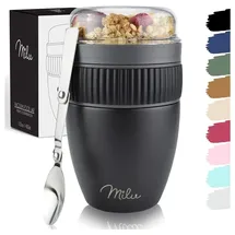 MILU Müslibecher to go 400ml MüsliMax I isolierter Edelstahl Joghurtbecher für Müsli I auslaufsicherer Becher mit Löffel für Yoghurt/Porridge (Schwarz)