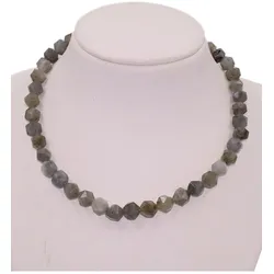 Collier FIRETTI "Schmuck Geschenk Halsschmuck Halskette Edelstein Farbstein Labradorit", grau (gelbgoldfarben, grau), Halsketten, Damen, Messing, L: 50cm B: 10mm, Made in Germany - mit Labradorit, B:10mm