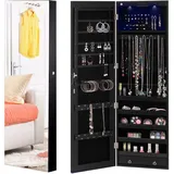 GOPLUS Schmuckschrank, Spiegelschrank, Schmuckregal hängend mit Spiegel, mit LED Beleuchtung, Farbewahl, für Ringe, Ohrringe, Halsketten, Armbänder (Schwarz)