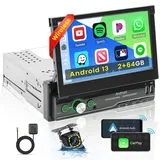 2G+64G Hikity Android Autoradio 1 Din mit Wireless Carplay Android Auto luetooth Freisprecheinrichtung 7 Zoll Manuelle Ausfahrbarem Autoradio mit GPS Navi WiFi FM DVR Mirror Link+Rückfahrkamera