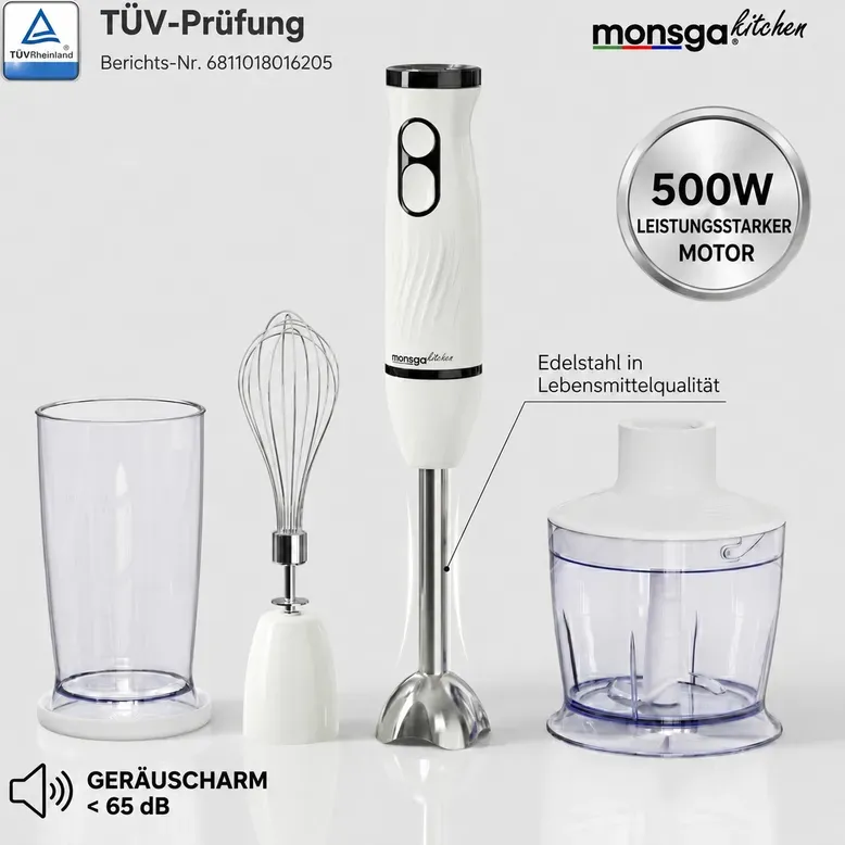 MONSGA 2-in-1 Stabmixer & Schneebesen S100, ergonomischer Stabmixer mit Normal-/Turbo-Modus, Spritzschutz & Topfschutz, 500 ml Zerkleinerer, 500 ml Becher, 1,5 m Kabel, spülmaschinenfest, cremeweiß