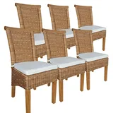 kreatives Wohnen Esszimmer-Stühle Set Rattanstühle Perth 6 Stück braun Sitzkissen Leinen weiß, Holz, Extra breit