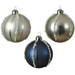 3 Weihnachtskugeln 8cm Glas mit Muster Perlen Christbaumkugeln blau weiß silber