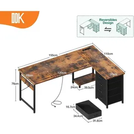 luxuskollektion Eckschreibtisch L Form mit Schubladen und Steckdosen, Vintage-Braun