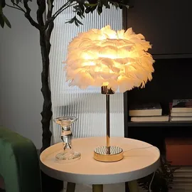 kuop Nachttisch lampe Moderne Tischleuchte E27 Schlaflicht Kinder Nachtlicht Warmweiß Federlampe Künstliche Federn Flauschige Dekolampe für Schlafzimmer Wohnzimmer Room Decor, 30cm x 38cm
