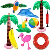 Yetech Aufblasbare Palmen Baum Strand Spielzeug Set, 9PCS Aufblasbare Palmen Flamingo Spielzeug,90 cm Wassermelone Aufblasbarer Schwimmring,Fliegen Papagei Delphin ,Hawaii Party Deko Beach Backdrop