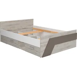 Stauraumbett FMD "Nona", beige (sandeiche nb, weiß, lava, sandeiche nb, sandeiche nb, lava), B:144,6cm, Betten