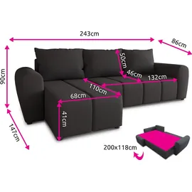 Sofnet Ecksofa Cleo L mit Schlaffunktion - Sofa mit Bettkasten, Polsterecke, Couchgarnitur, Eckcouch, Couch, Sofagarnitur - Ottomane Universal Schwarz (Soro 100))