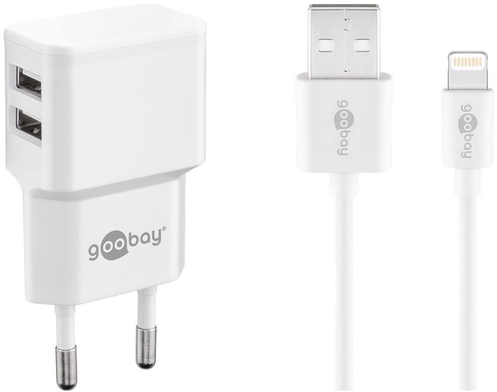 Goobay 44979 USB Netzteil + Ladekabel Set / 2 Port Adapter für Steckdose – 2,4 A (12W) USB-Netzteil mit Schutzelektronik/inkl. 1m Lightning Kabel/Weiß