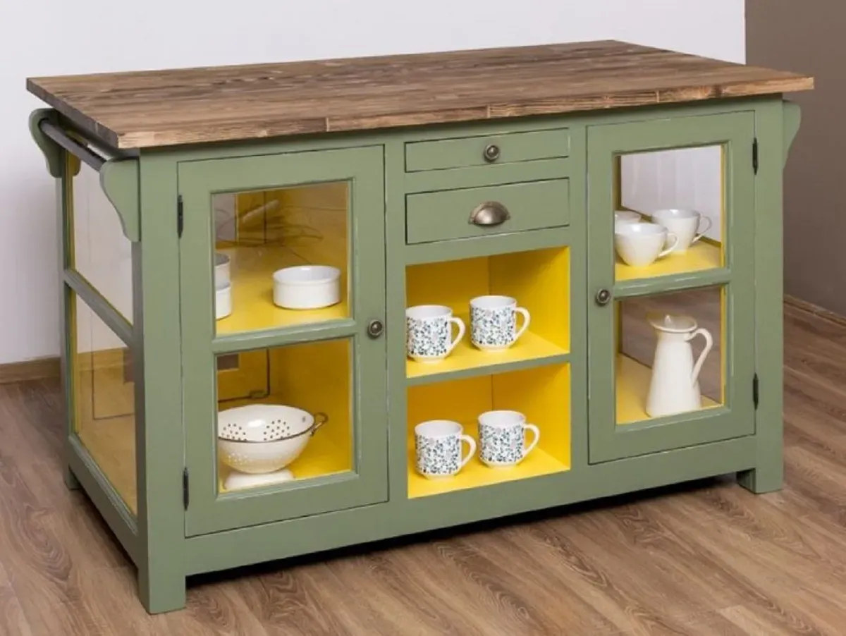 Casa Padrino Landhausstil Kücheninsel Grün / Gelb / Braun 150 x 90 x H. 90 cm - Massivholz Küchenschrank - Landhausstil Massivholz Küchen Möbel - Massivholz Esszimmer Möbel im Landhausstil